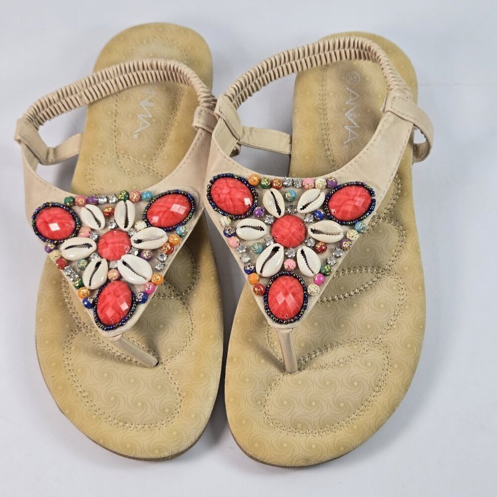ANNA Flip-Flops Thong Sandals Size 8.5 Beaded Shell Embellished Boho Beach Style